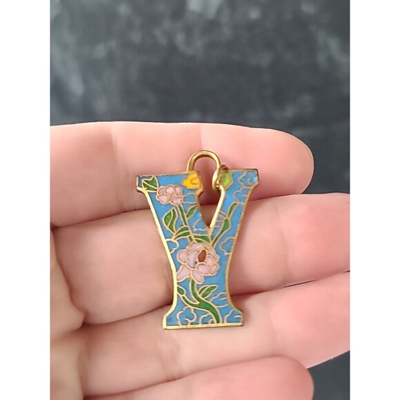 Cloisonne Floral Letter Y Shaped Pendant Vintage - Picture 2 of 10
